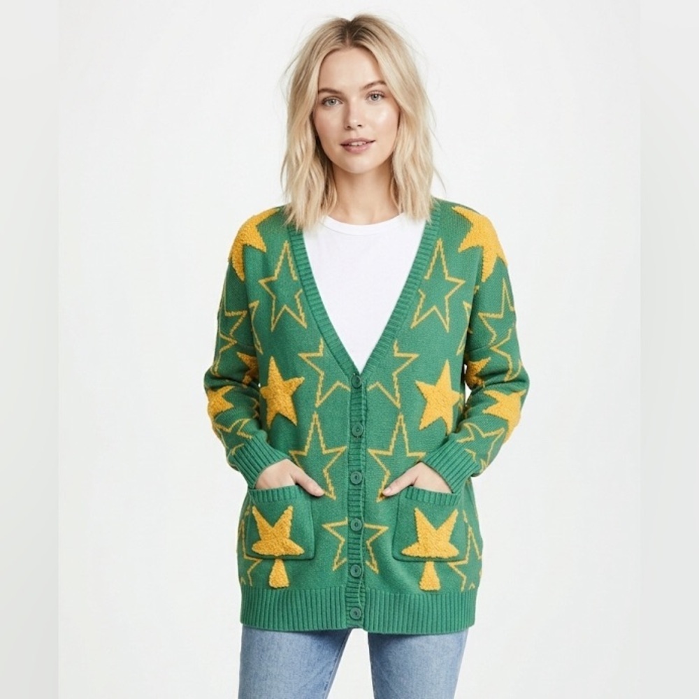 Farm Rio green and yellow star print knit cardigan with pockets size P/small